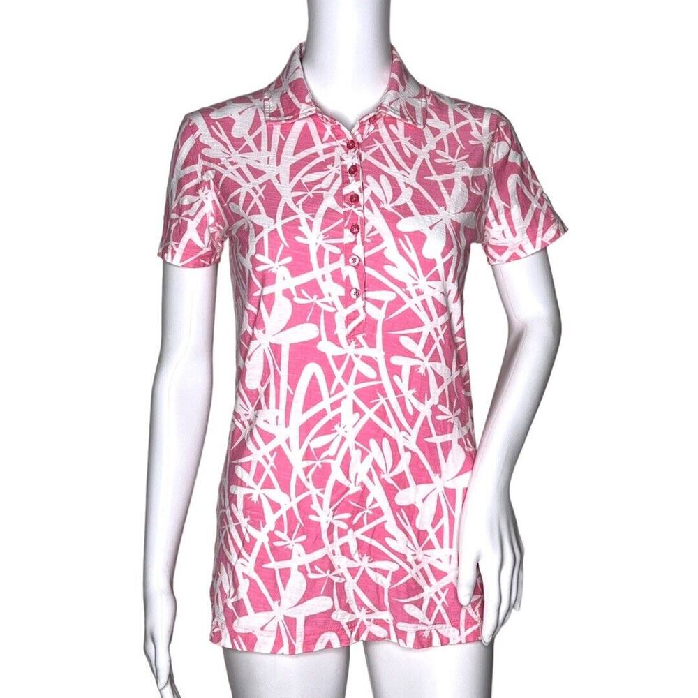 Lilly Pulitzer Shirt Womens Small Pink White Fireflies Botanical Polo Preppy